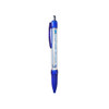 A plastic pen with a blue grip and a transparent barrel, featuring a logo and a ballpoint tip.