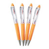 Four orange pens with transparent grips and silver tips, featuring a logo.