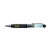 A floating pen featuring a black barrel and clear body, with a logo visible on the side.