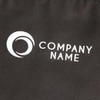 A black apron made from 100% polyester, featuring a pocket and a logo.