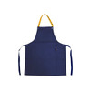 A navy blue poly-cotton canvas apron with a yellow neck strap and ties, featuring multiple pockets and a logo.