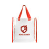 A clear tote bag with red handles featuring a logo on one side.