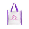 A clear tote bag with purple handles and a logo featuring light bulb graphics.