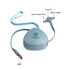 A light blue 3-in-1 retractable charging cable with USB, Type C, and Apple Lightning connectors, featuring a logo.