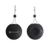 A black portable waterproof Bluetooth speaker with a hanging strap and a logo. Features a microphone and a smooth back.