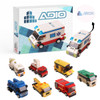 A set of colourful building blocks featuring various vehicle designs, including an ambulance, fire truck, and cement mixer.