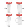 Four transparent glassware items in varying sizes: A-280ml, B-450ml, C-475ml, and D-450ml, each featuring measurement details.