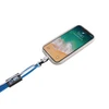 An adjustable phone lanyard in blue, featuring a metal buckle and attached to a phone with a beach wallpaper.