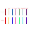 A collection of vibrant neon colours displayed with lights off and on, including red, yellow, blue, green, and purple.