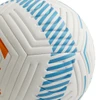A premium soccer ball in white with blue and orange accents, featuring a textured surface and logo.