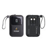 A black eco-friendly portable power bank with dual charging ports and a digital display. It has a logo on the front.