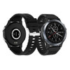 A round smart watch with a black silicone strap and a silver bezel, featuring a digital display and a back view.