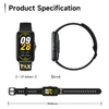 A black smart band with a rectangular display and adjustable strap, featuring a logo on the band.