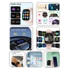 A square smart watch with a black strap, displaying various features and watch faces in a colourful layout.
