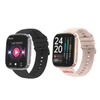 A square smartwatch in black and a rose gold variant, featuring various display interfaces and a logo.