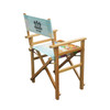 A wooden director's chair featuring a light blue seat with a design and a branded backrest.