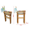 A wooden director's chair with a floral fabric seat, featuring a light blue backrest and a foldable design.