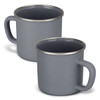 A matte grey enamel mug with a silver rim and a sturdy handle, displayed in a pair.