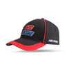 A black cap with red trim and a logo on the front. It features embroidered text in blue and red.