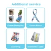 Four customisation options for packaging: display boxes, ribbons, tags, and sewn labels in various designs.