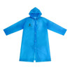 A blue reusable PEVA raincoat with a hood and long sleeves, featuring a branded logo on the front.
