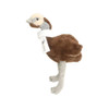 A brown and grey emu plush toy with a white scarf, featuring a logo on it.