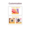 A selection of colour options and eye styles for custom plush toys, featuring various fabric swatches and eye designs.