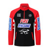 A red and black sweatshirt featuring a zip collar and logo graphics on the front and sleeves.