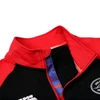 A black and red sweatshirt with a high collar, featuring a logo and a colourful inner lining.