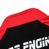 A highly customised sweatshirt featuring a black body and red accents, along with a logo on the back.