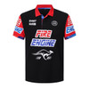 A black polo shirt with red and blue sleeves, featuring logos and graphics on the front.