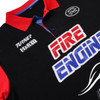 A highly customised short sleeves polo shirt in black with red accents and logo branding.