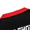 A black polo shirt featuring a red collar and a logo on the back.