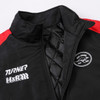 A black puffer gilet with red accents and a logo, featuring a quilted interior and high collar.
