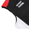 A highly customised gilet in black, red, and white, featuring a logo on the front.