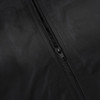 A black puffer jacket featuring a zipper, with a smooth and textured surface. It has a logo on the fabric.