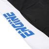 A close-up view of a black and white highly customized gilet featuring a logo on the white section.