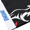 A highly customised gilet in black and white, featuring a prominent logo and a graphic design.