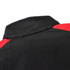 A black and red puffer jacket featuring a high collar and a logo on the back.