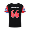 A black T-shirt featuring red and blue sleeves, with the number 66 and a logo on the back.