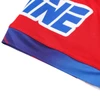 A highly customised T-shirt featuring a red fabric with blue and purple accents, displaying a logo or branding.