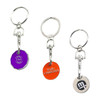 Three enamel trolley coin keyrings in purple, orange, and silver, each attached to a metal keyring.