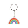 A rainbow-shaped acrylic keyring with vibrant colours and a metal keychain attachment.