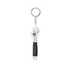 A customised acrylic keyring shaped like a silver adjustable wrench, featuring a black grip. It has a metal keyring attachment.