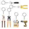 A collection of custom shape acrylic keyrings featuring tools like a wrench, pliers, and a drill, in various colours.
