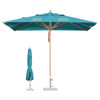 A teal 2x2m wind-resistant outdoor umbrella with a wooden frame and a base, displayed upright and folded.