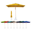 A yellow square outdoor umbrella with a wooden pole and a sturdy base, displayed alongside various colour options.