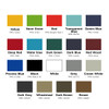 A collection of colour swatches including yellow, red, black, and various shades of blue and green, with corresponding codes.