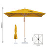 A 2x2m wind-resistant square outdoor umbrella in vibrant yellow with a wooden pole and a base.