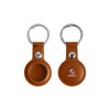 A PU leather AirTag holder in brown with a silver keyring, featuring a logo on one side.